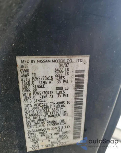 2007 Nissan Titan Xe из США, поврежденный, VIN 1N6BA06AX7N245310